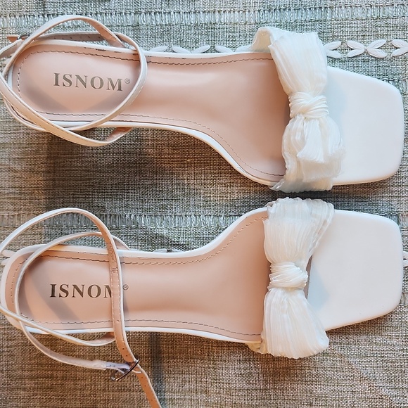 White Bow Knot Chunky Block Heeled Ankle Sandals, Open Toe, 10 - Picture 9 of 16